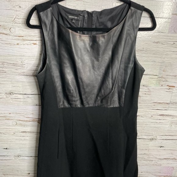 Lafayette 148 black dress midi size 8 virgin wool leather - Picture 3 of 10